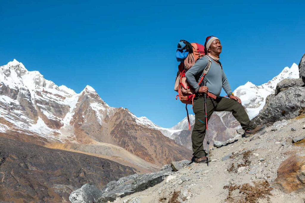 man trekking in summer season in everest