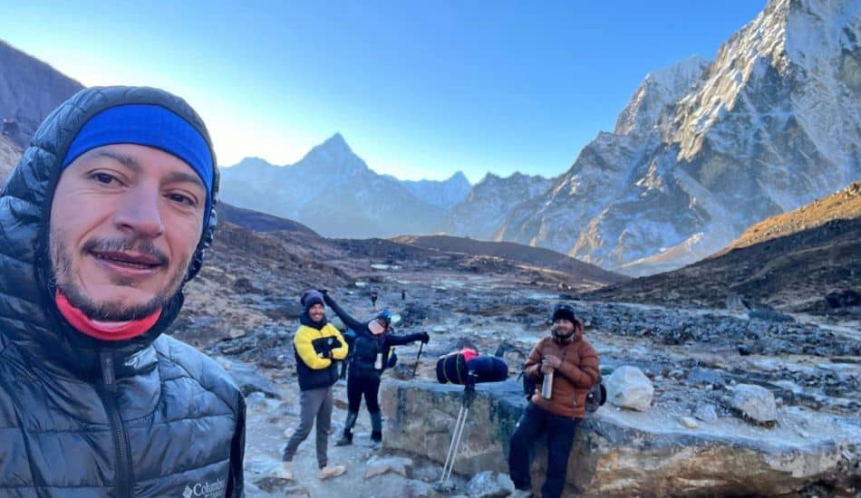 four people posing for selfie during ebc trek