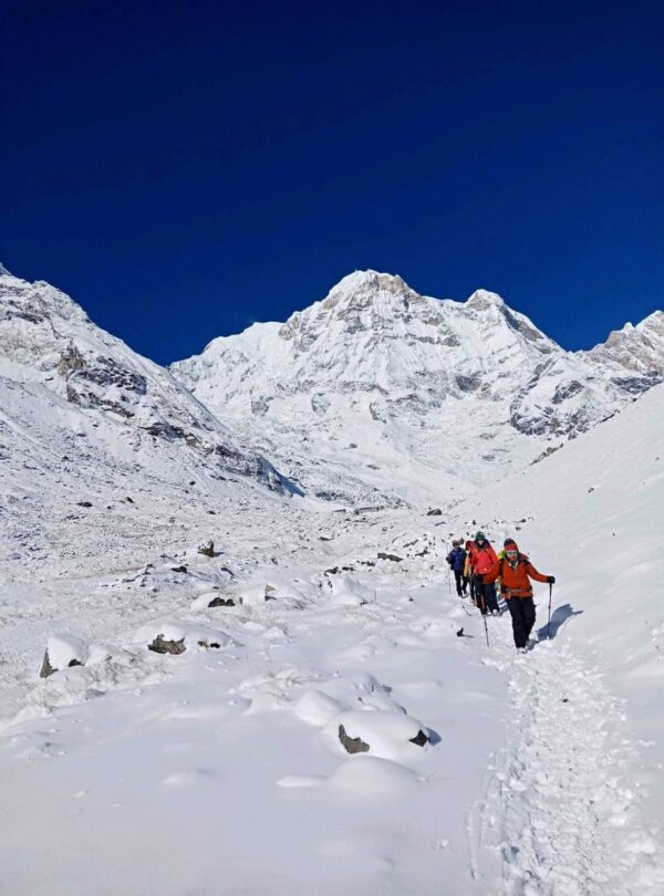 Trekker walking on the Annapurna Base Camp trail