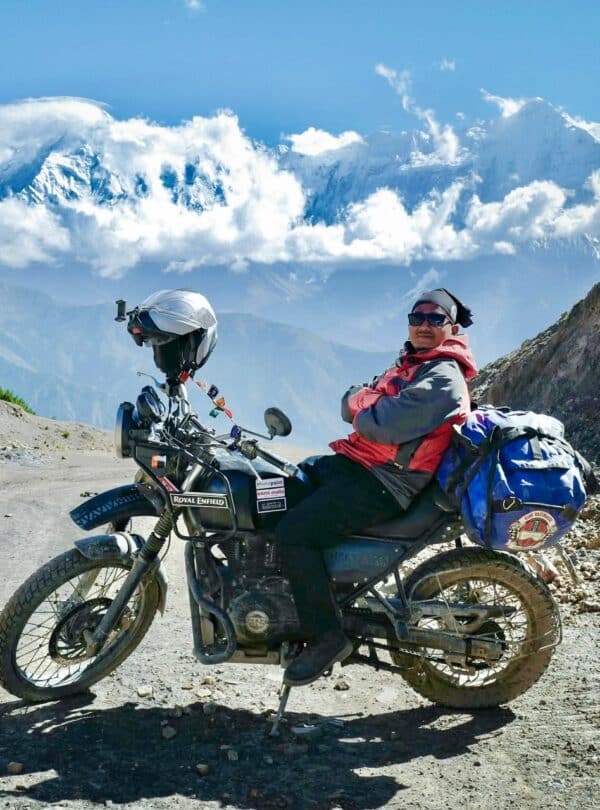 Motorcycle ride through the rugged Upper Mustang landscape